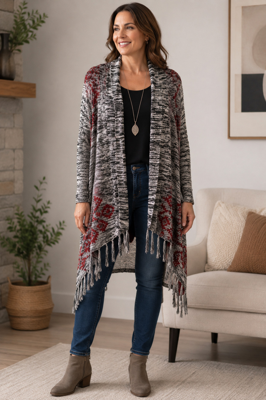 En Creme M Open Front Cardigan Boho Draped Fringe Hi Low Tunic Sweater Red Gray